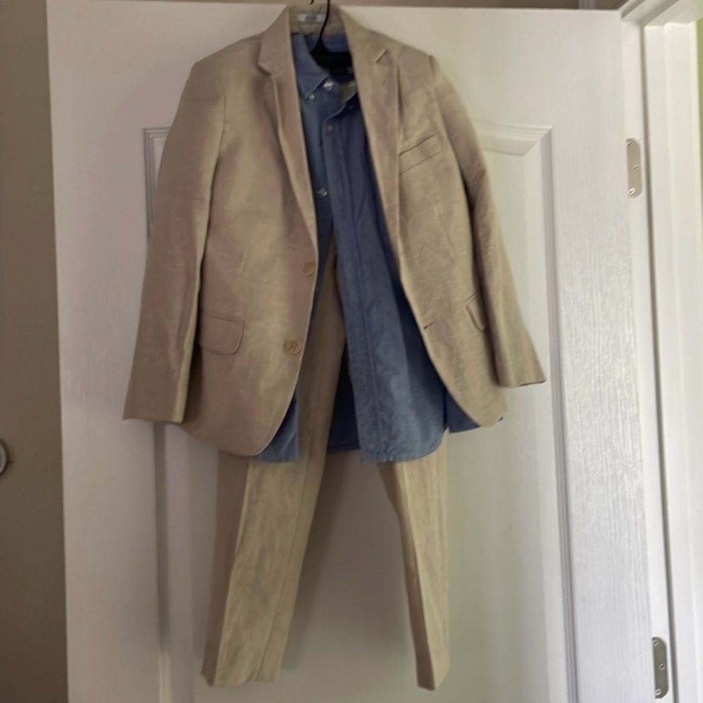 Boy’s Calvin Klein Tan Suit Set Lightweight Classic & Blue button down shirt
